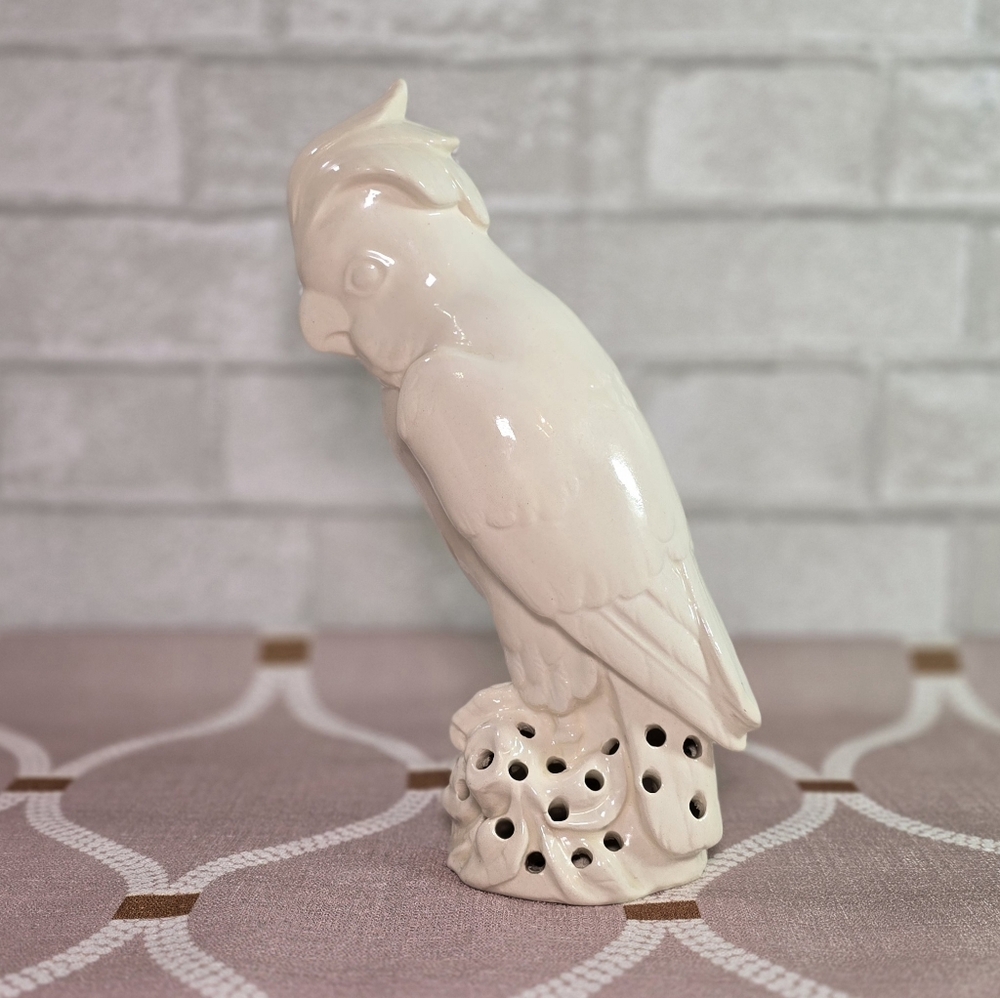 White Parrot Cockatoo Ceramic Figure Hand Painted Pierced Hole Base 10.5"